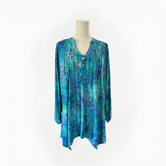 Cocomo Y2K Floral Blouse 1X Plus Boho Roll Tab Blue Stretchy Abstract Bohemian - Picture 1 of 6